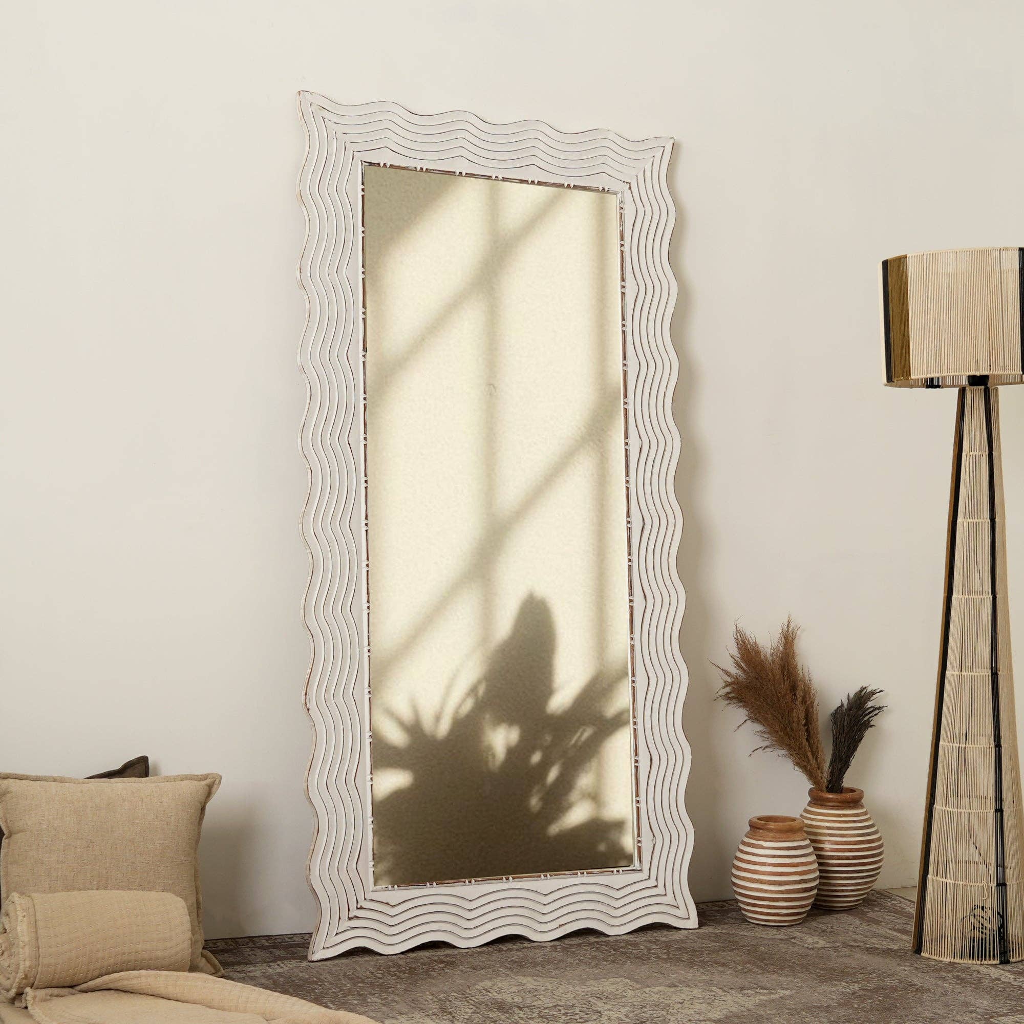 Rustic White Solid Wood Hand carved Mirror Accent, 36" x 72"