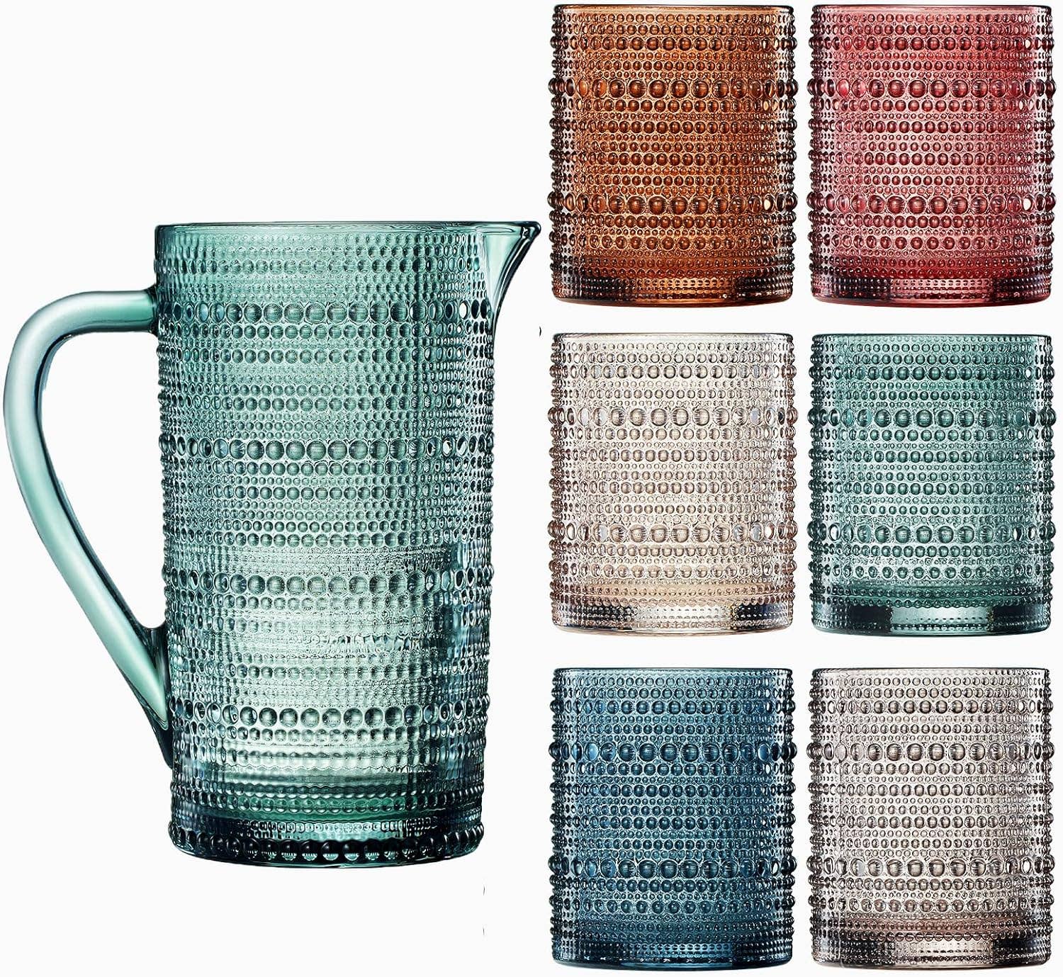 Hobnail Beaded Pitcher & Tumbler Glasses Set