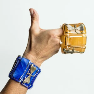 Murano Glass & Hand painted gold over brass  Bracelet in TEAL BLUE